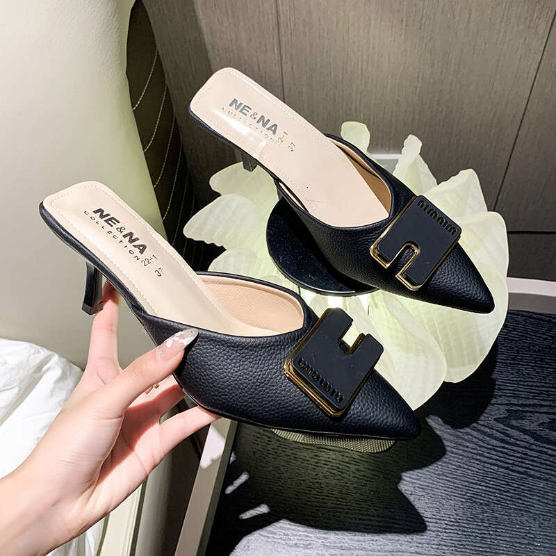 Sandals 2023 New Spring Fashion Square Buckle Outdoor Wear Mid Thin Heel Pointed Closed Toe Half Slippers Women's Single Shoes