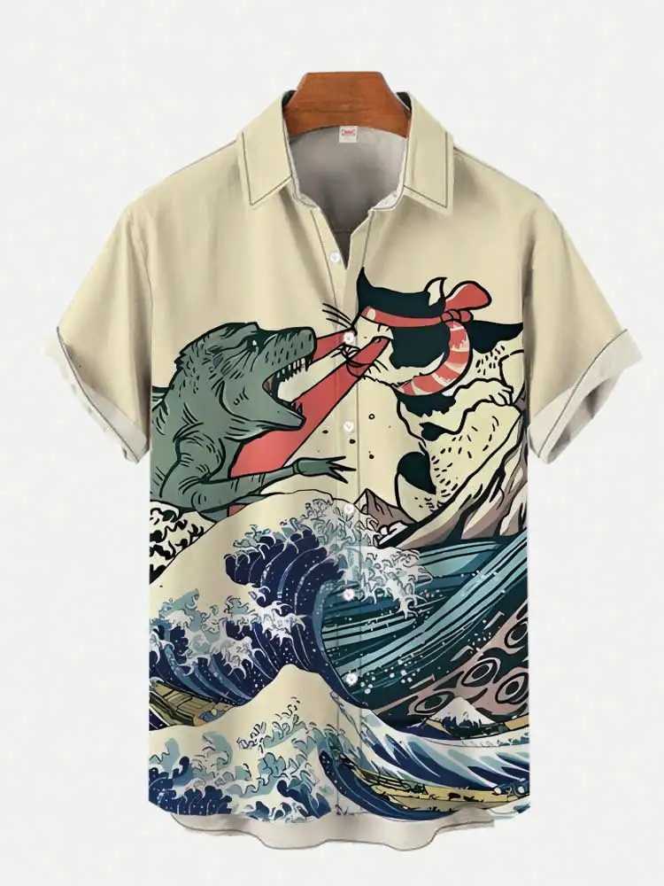 Japanese art style aircrAFt print mens short-sleeved shirt casual mens Hawaiian short-sleeved top 2024 new mens shir Y250819
