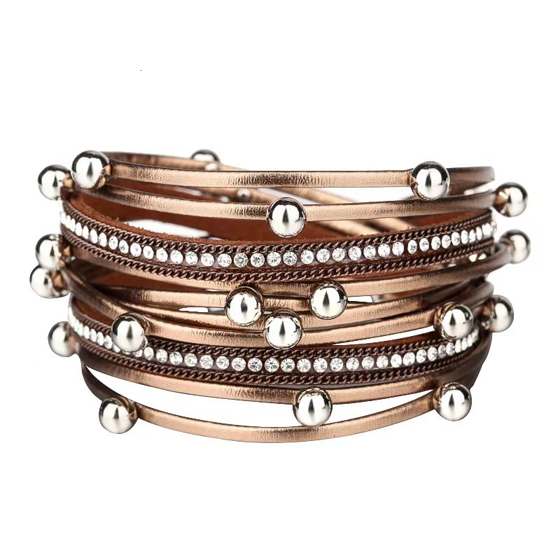 Fashionable Unique Two-Circle Beaded Leather Multi-Layer Bohemian Alloy Magnetic Bracelet