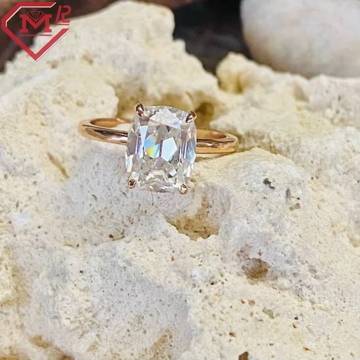 Solitaire Engagement Ring Antique 14k Yellow Gold 4 Claws 3.5ct Cushion Old Mine Cut Moissanite Ring