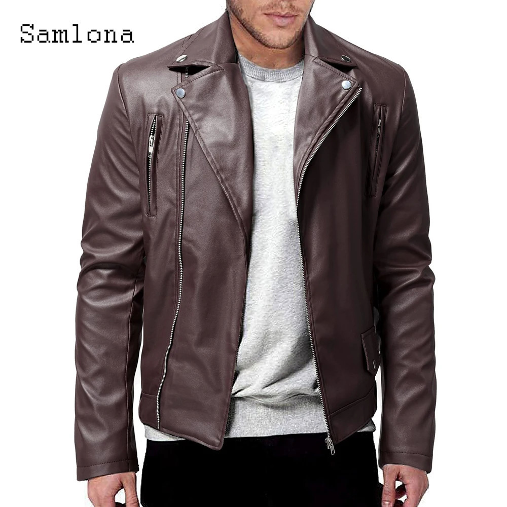 Samlona 2023 European Style Cool Jackets Blue Red Soft Faux Leather Men Fashion Zipper Pocket Synthetic Pu Coats 250815