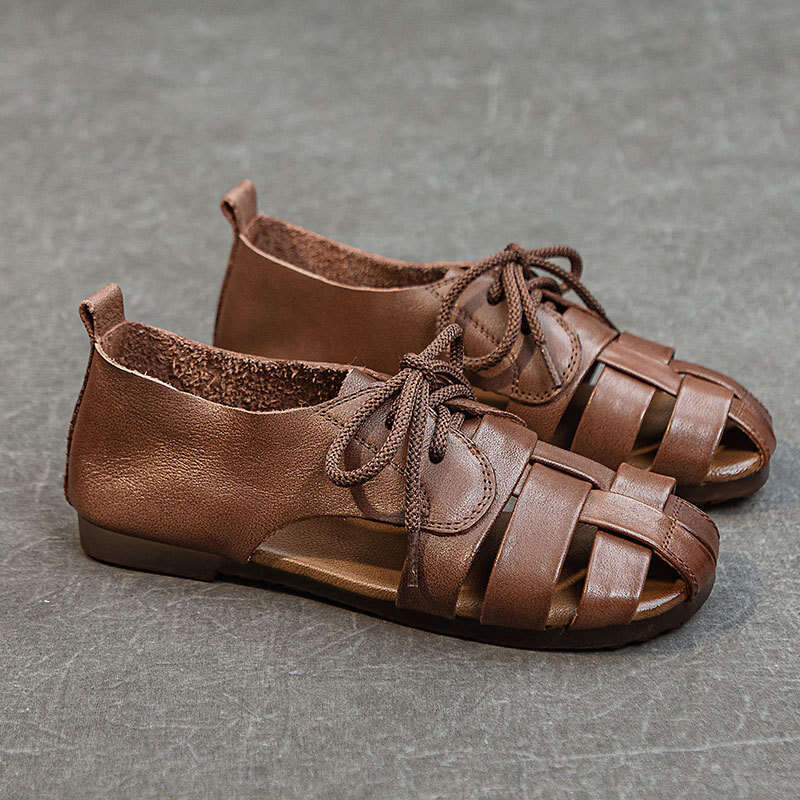 2025 Summer New Roman Sandals for Women, Lace-up Soft Sole Comfortable Flat Genuine Leather Pig Cage Shoes