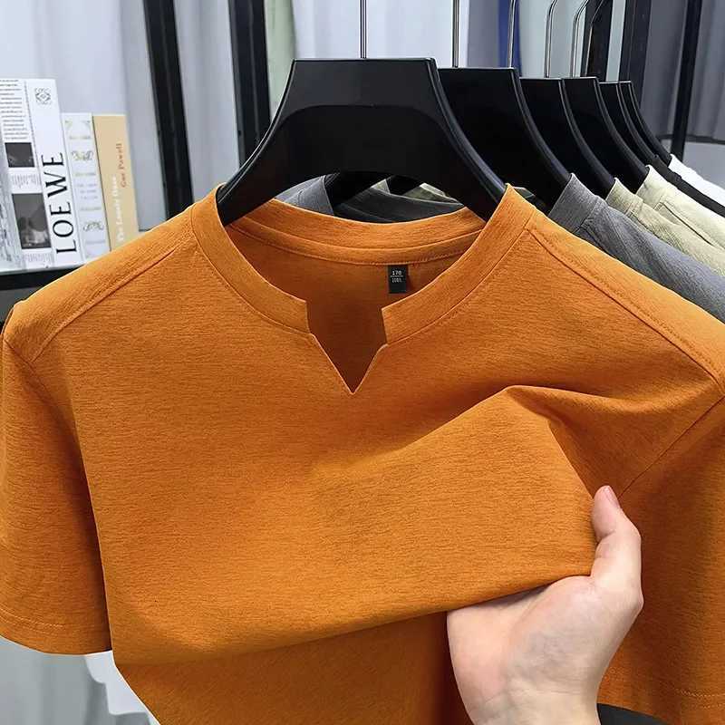 Korean Mens Casual and Fashionable Small V-neck Solid Color Short Sleeved T-shirt Comfortable Summer Versatile Top Y2508191