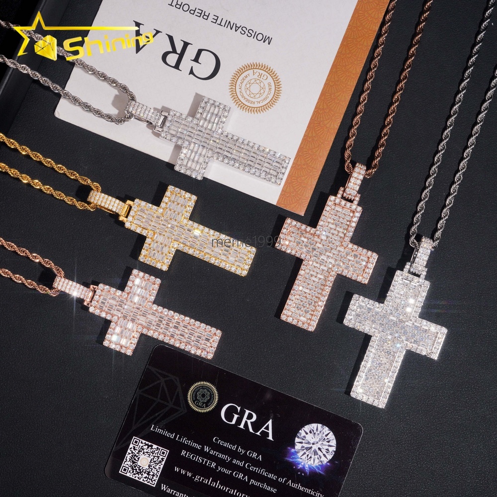 Pass Diamond Tester Baguette Diamond 925 Silver Iced Out Mens Cross Moissanite Hip Hop Pendant