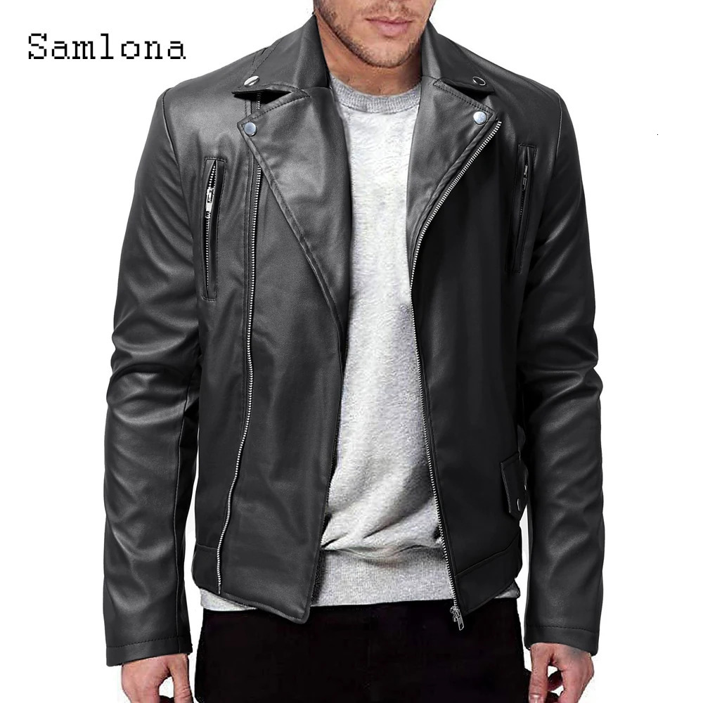 Samlona 2023 European Style Cool Jackets Blue Red Soft Faux Leather Men Fashion Zipper Pocket Synthetic Pu Coats 250815