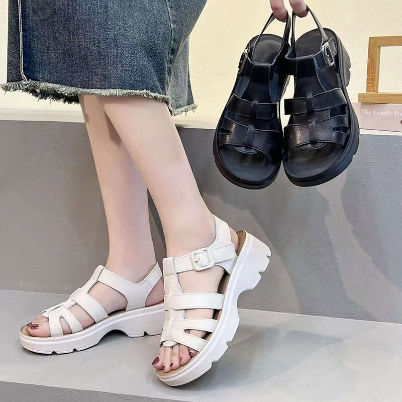 2025 New Roman Summer Outdoor Casual Height-Increasing Leather Sandals Woven Non-Slip Travel Beach Shoes for Women