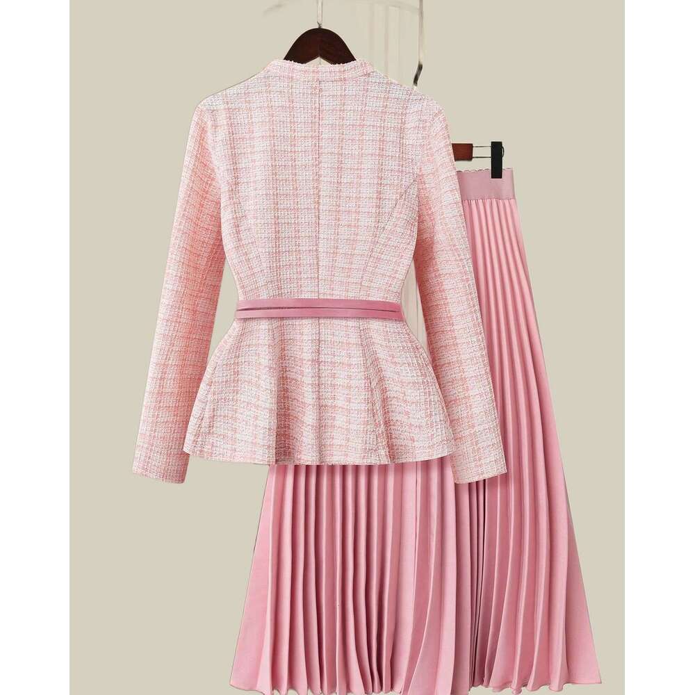 Autumn Coats Two Piece Sets Women Tweed Jackets Long Pleated Skirts Pink Suits Office Lady Outfits No Belt
