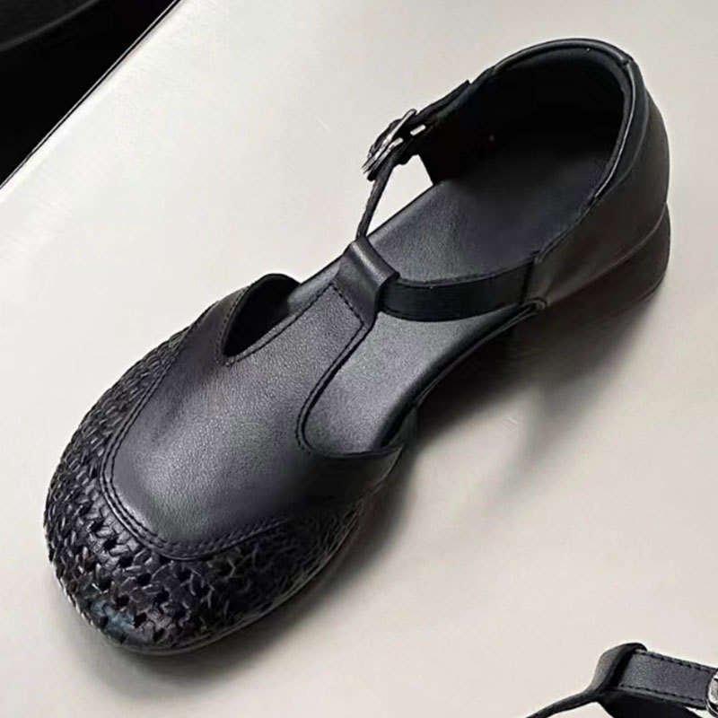 4.0cm French Hollow Woven Mid-Heel Sandals Women, Genuine Leather, Casual Lazy Mules for Moms