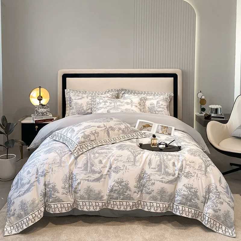 4pcs/set Light Luxury Style 100s Bed Sheet Pure Cotton Quilt Cover Matt High-end Printing Super Soft Bedding Set Twin Queen Size H250912