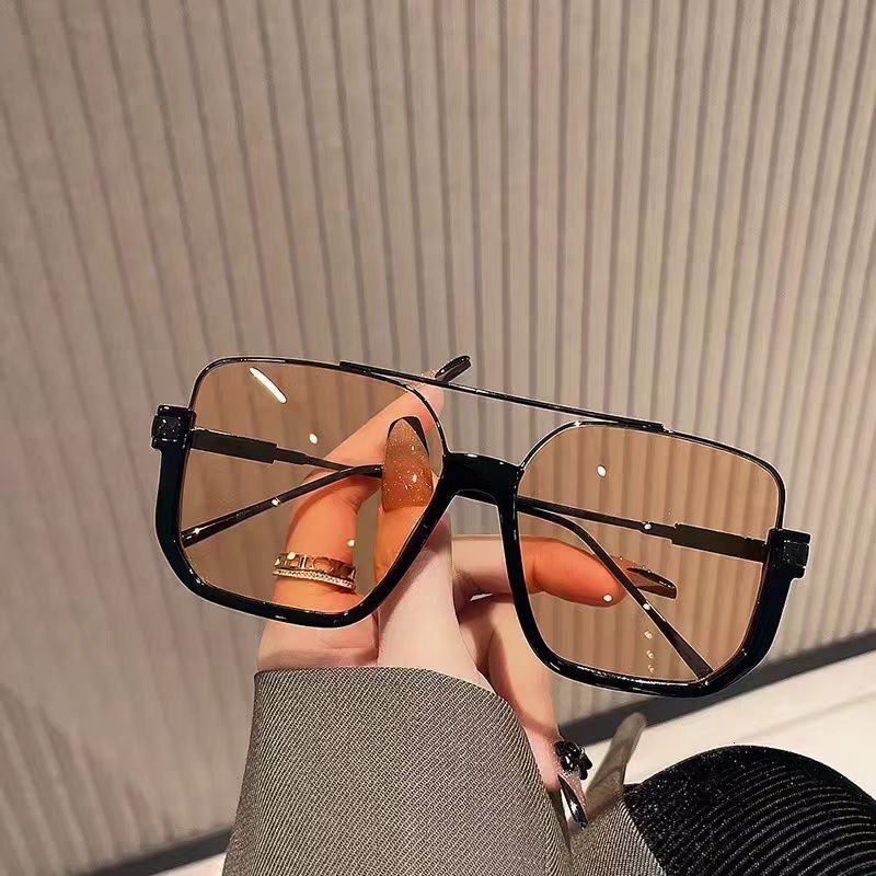 Large Square Frame Double Bridge Black for Women Summer Korean Sunshade Glasses High-end Tea-colored Sunglasses Street Style Trendy Men 9bb