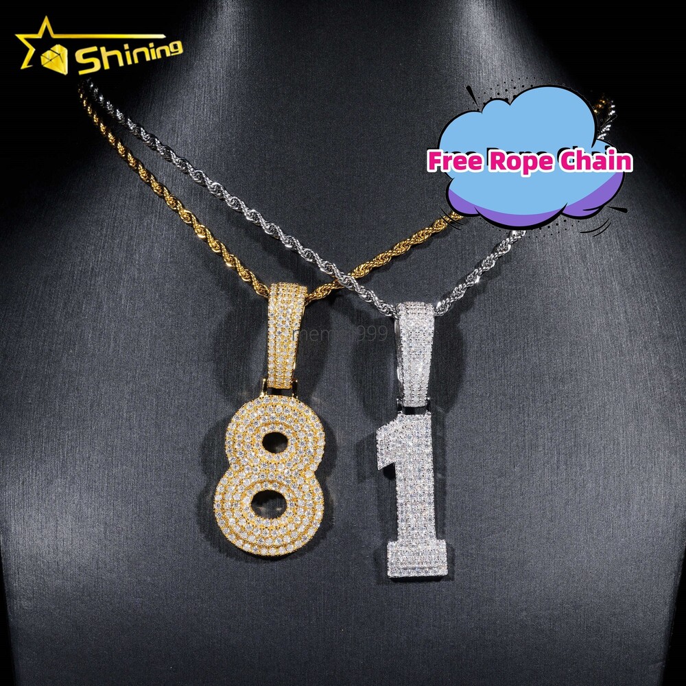 Free Rope Chain Custom High Quality Iced Out VVS Moissanite Diamond Silver 925 Initial Hip Hop Letter Number Pendant