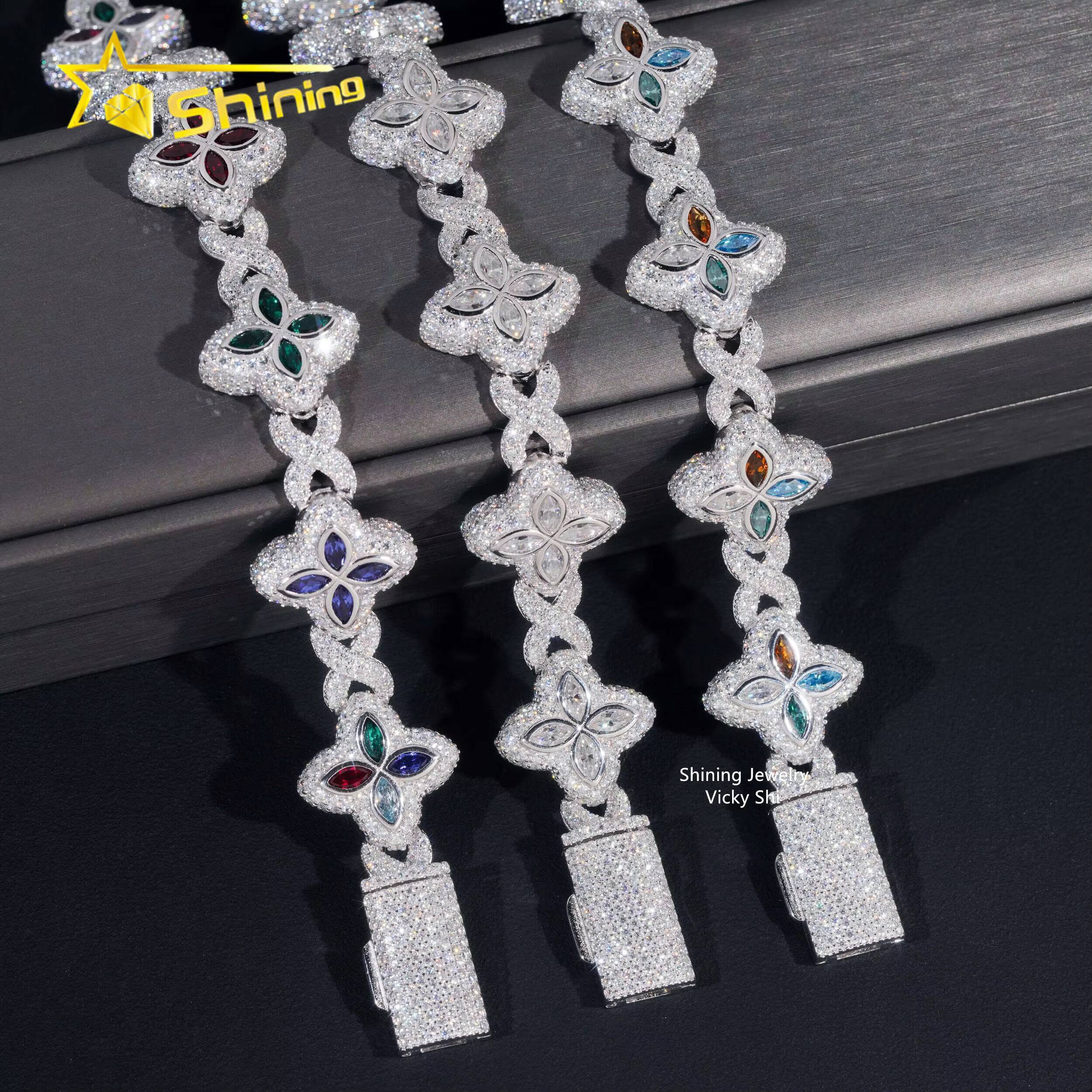 Hot Selling Men Popular Moissanite Bracelets 925 Sterling Silver Iced Out Hip Hop Infinity Clover Moissanite Cuban Bracelet