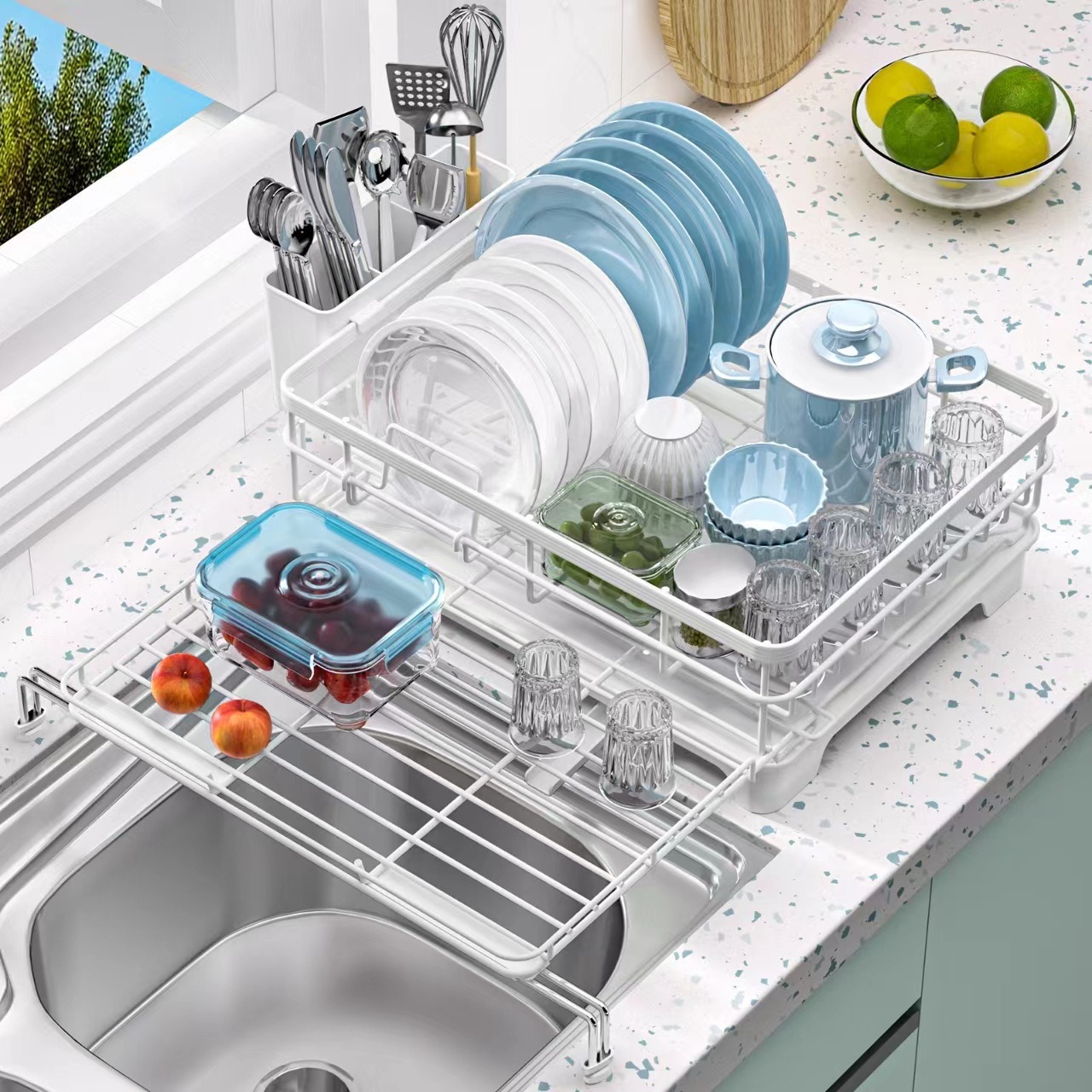 Extendable Dish Drying Rack for Kitchen Counter & Sink - Large Dish Drainer with Utensil Holder Anti-Rust Black Dish Rack Over The Sink Drying Rack & 