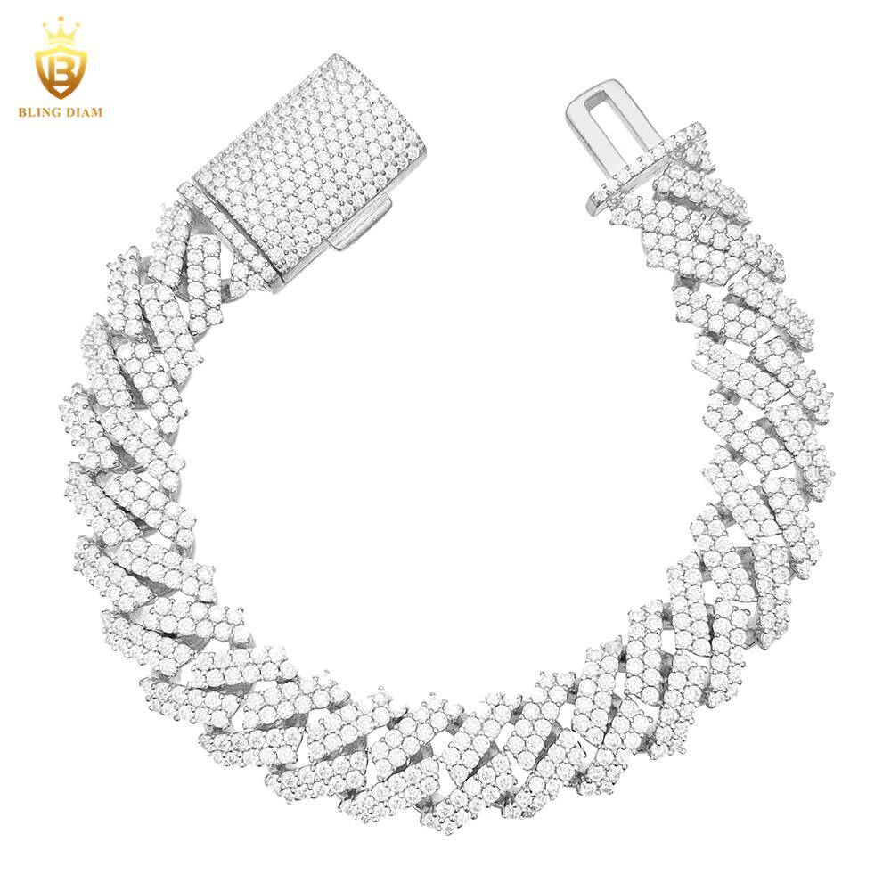 15mm Iced Out Hip Hop Jewelry Cuban Link Chain 925 Sterling Silver VVS Moissanite Bracelet Necklace