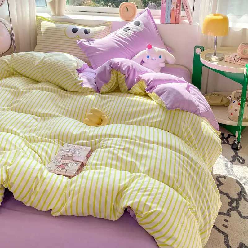 Cute Korean Style Duvet Cover Set No Filler Green Pink Mix Color Flat Sheet cases Polyester Twin Queen Size Bed Linens Y250819