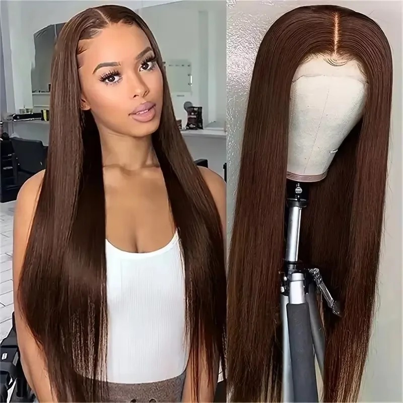 Chocolate Brown Colored Gluelesss 13x4 HD Lace Front Human Hair Wigs High Density Hd Transparent Lace Raw Indian Straight Human Hair Frontal Wigs