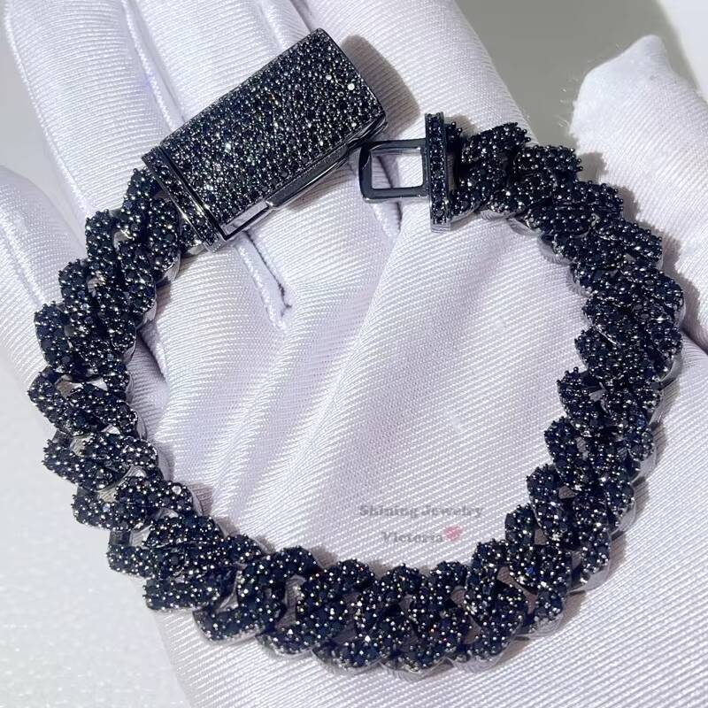 Guangzhou Shining Jewelry Black Gold Sterling Silver 13MM Iced Out Black Moissanite Cuban Bracelet