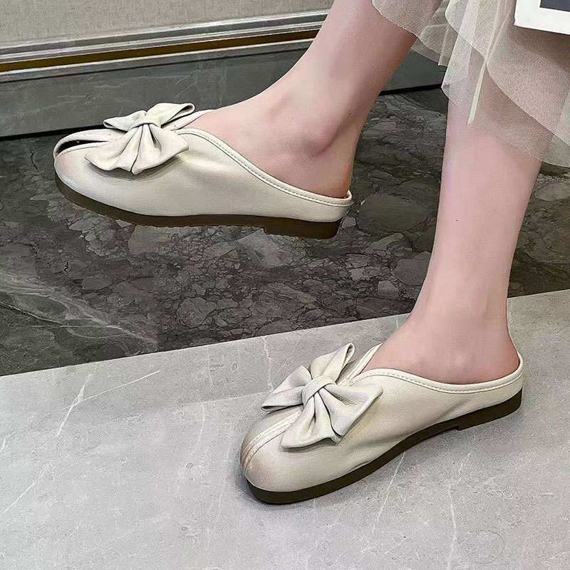 2025 New Bowknot Internet Celebrity Fairy Style Hollow Out Fashionable Versatile Skirt Flat Sole Lazy Slip-On