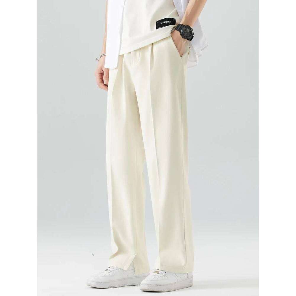 2023 New Summer Casual Pants Men Breathable Polyester Korean Fashion Semi-Wide Banded Waist Slacks Straight Loose Drape Trousers