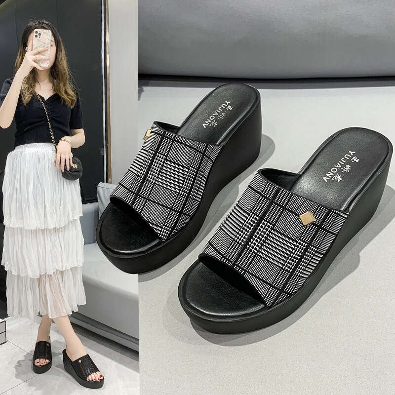 2023 Summer New Korean Fashion Open-Toe High Heel Platform Wedge Thick Sole Slippers