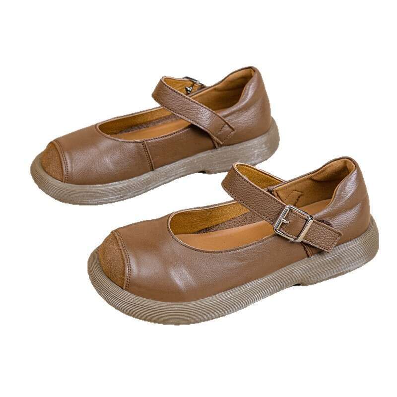 2025 New Summer Autumn Forest Style Top Layer Cowhide Round Toe Women Versatile Genuine Leather Matching Dress Mom Single Shoes