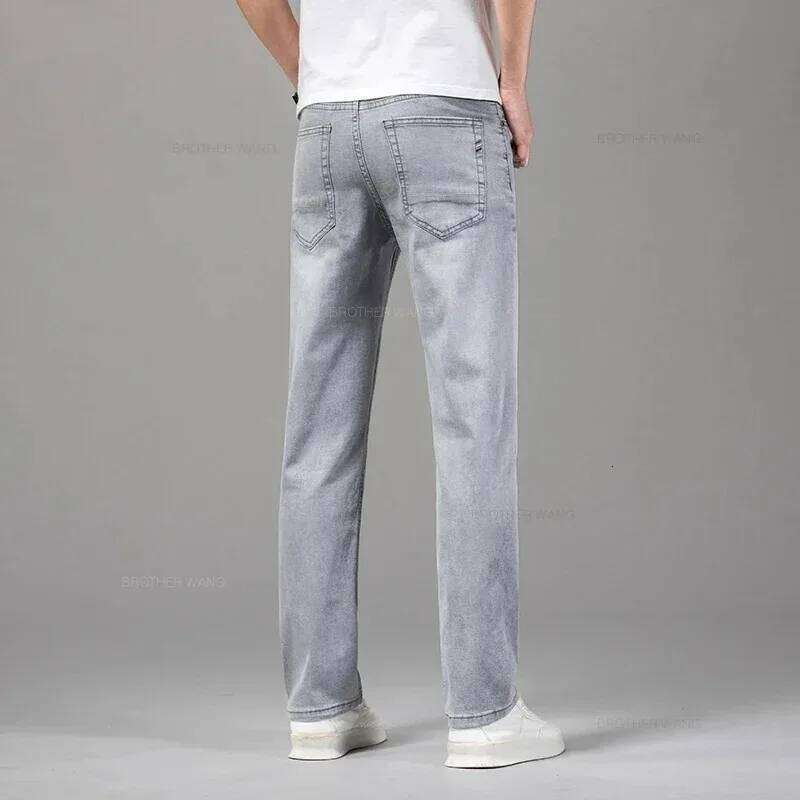 Summer Elastic Men's Jeans Fashion Gray Comfortable Business Straight Stretch Cotton Casual Denim Pants Brand Male Thin Trousers