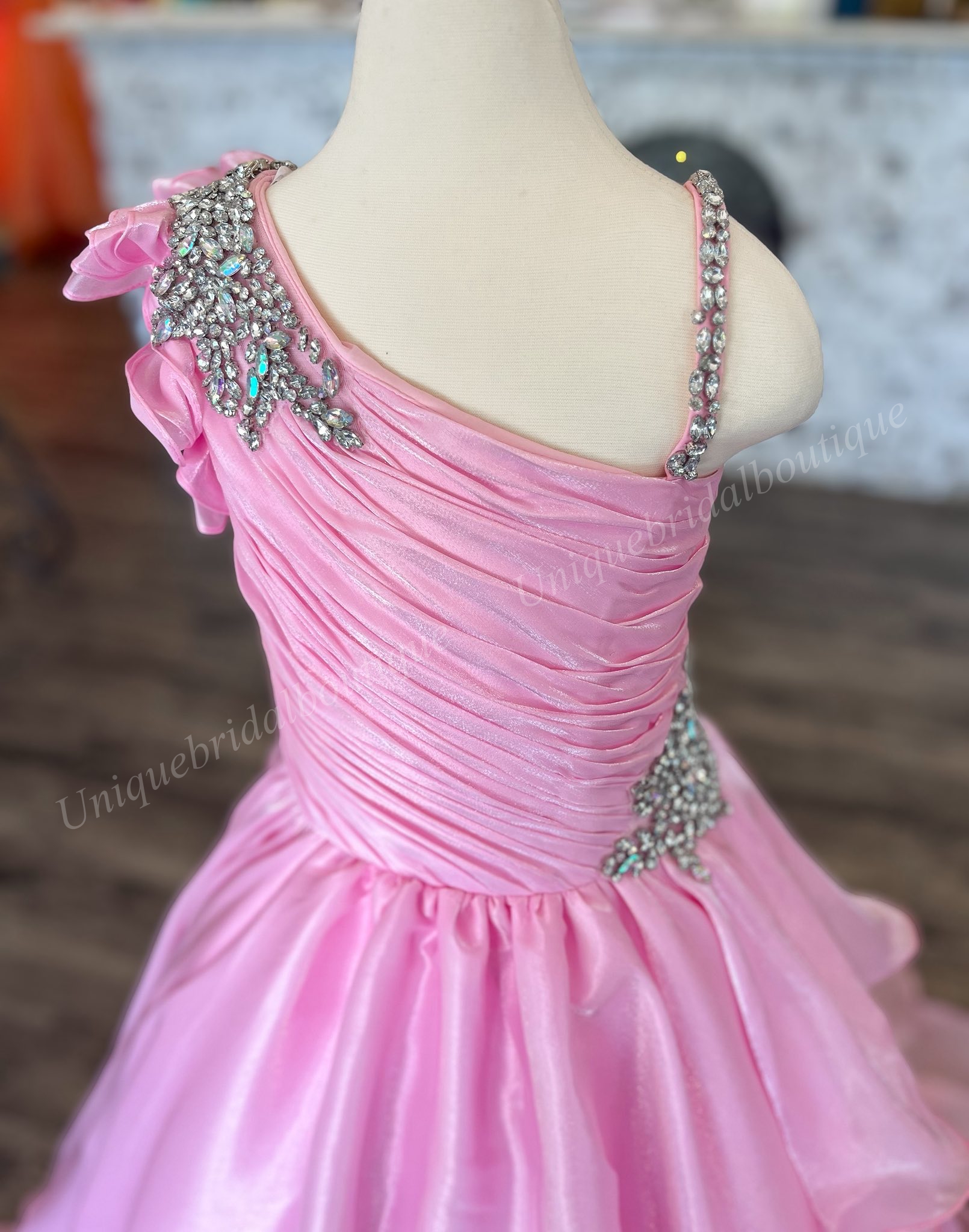 Pink Girl Mini Pageant Queen Dress One-Shoulder Mint Layer Organza Princess Little Kid Birthday Portrait Cocktail Party Gown Teen Miss On-Stage Appear