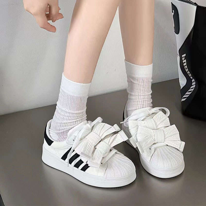Shell Toe White for Women 2025 Spring Summer New Genuine Leather Bowknot Fashion Casual Shoes Versatile Color Block Sneakers