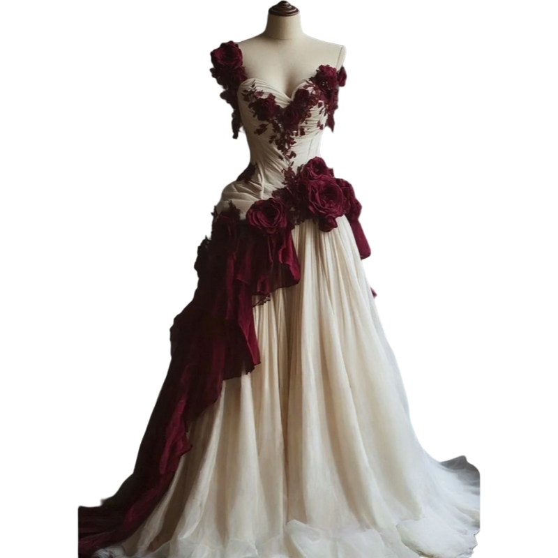 Vintage One Shoulder Evening Dresses 3D Floral Appliques Sweetheart Champagne And Burgundy Long Prom Dress 2025 Elegant Reception Dress