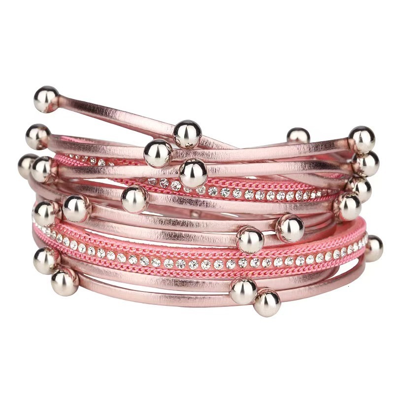 Fashionable Unique Two-Circle Beaded Leather Multi-Layer Bohemian Alloy Magnetic Bracelet