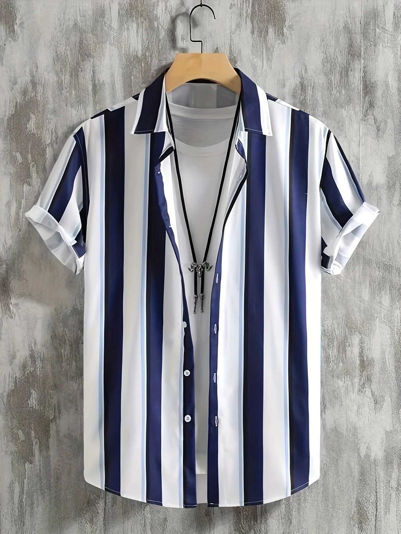 2025 Street Simplicity Stripe Print Men Shirts New Fashion Short-sleeved T-shirt Ropa Hombre Daily Casual Lapel Party Tops Y250819