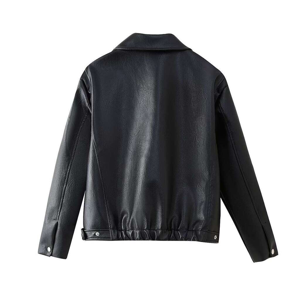 Women's clothing 2024 autumn/winter new street fashion lapel long sleeved leather jacket