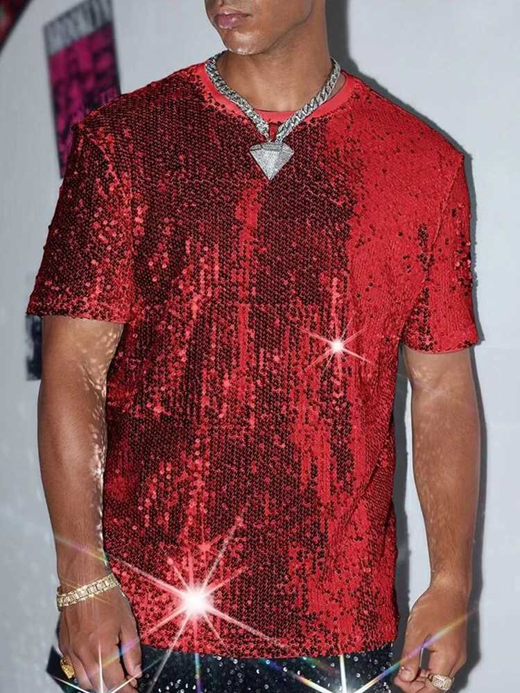 Vintage Mens Sequin T Shirts Fashionable Plaid Glitter Designer T-shirt Men Summer New Casual Short Sleeve O Neck Shinny Tees Y250819