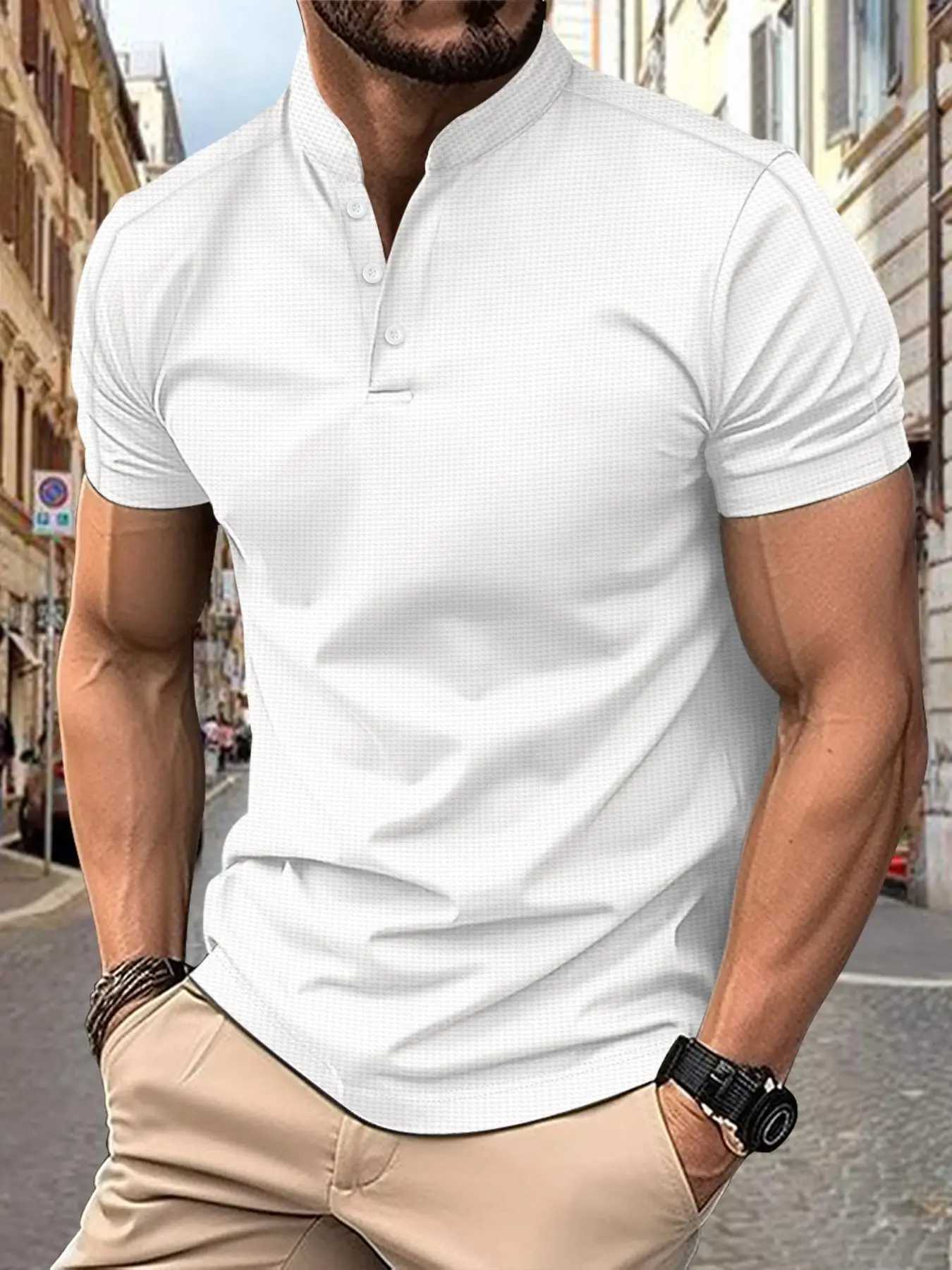 Mens Short SLeeve Casual Shirt 2025 Waffle Henry Collar Regular Fit Summer Grid Pattern Chinese Origin Y250819