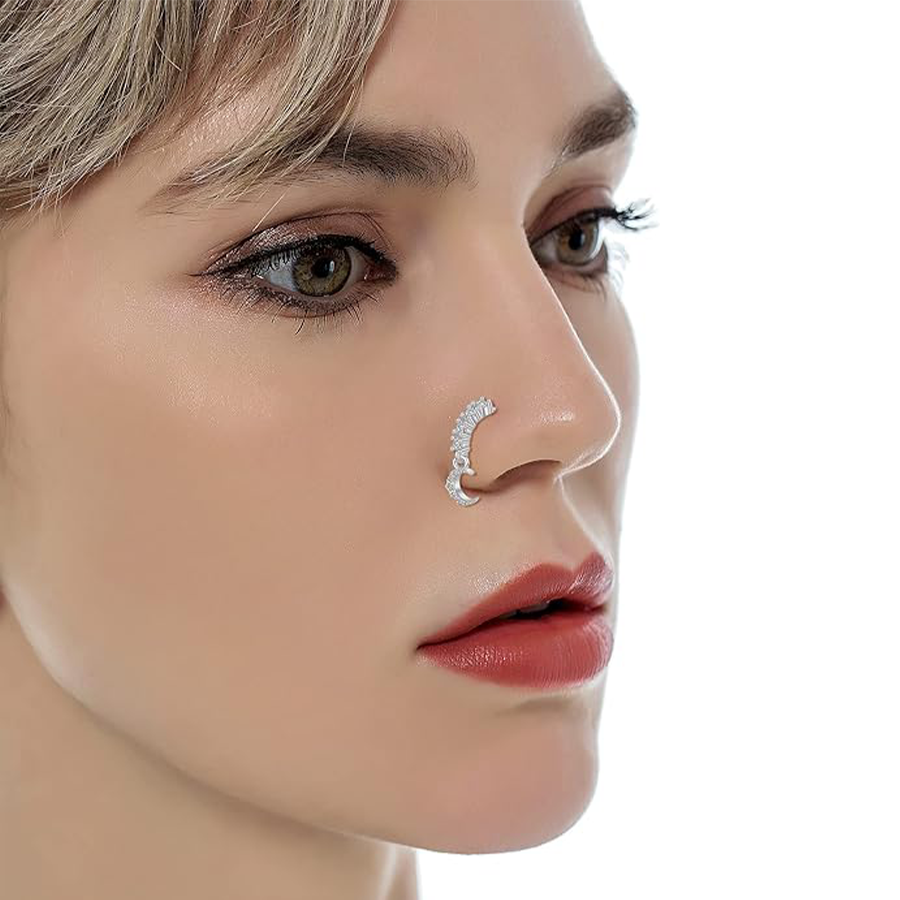 10Pcs Dangle Nose Rings Hoop Butterfly Heart Moon Flower Star CZ Cartilage Earring Dangling Nose Body Piercing Jewelry 20G Silver Tone