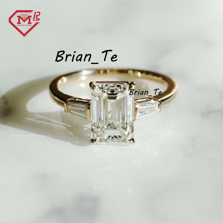 Custom Moissanite Engagement Rings Three Stone 10K Yellow Gold Emerald Cut Vvs Iced Out Moissanite Ring