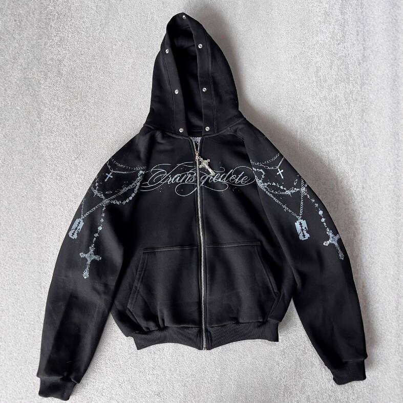 Autumn Winter Hoodie Loose Letter Print Zipper Sweatshirt Unisex Detachable Fur Collar High Street Dark Style B5