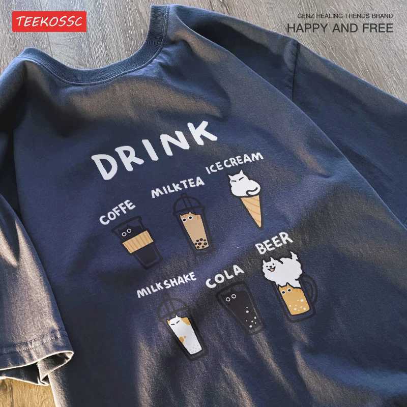 Creative Design Of Cat Beverage Short Sleeve T-shirt Men Women Cat Beverage For Couple Summer Half Sleeve Loose Fit Tee Y250819