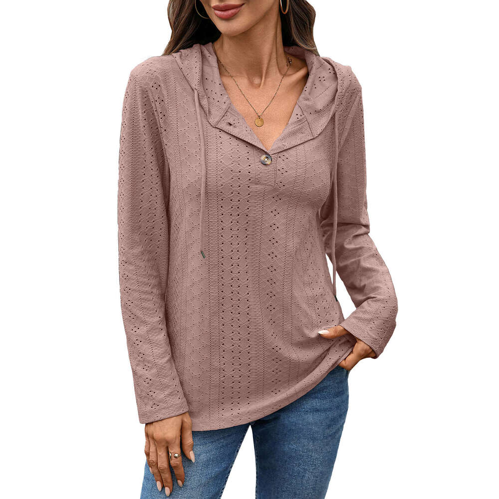 Autumn and Winter New Solid Color Button Hooded Loose Long Sleeve Sweatshirt for Women