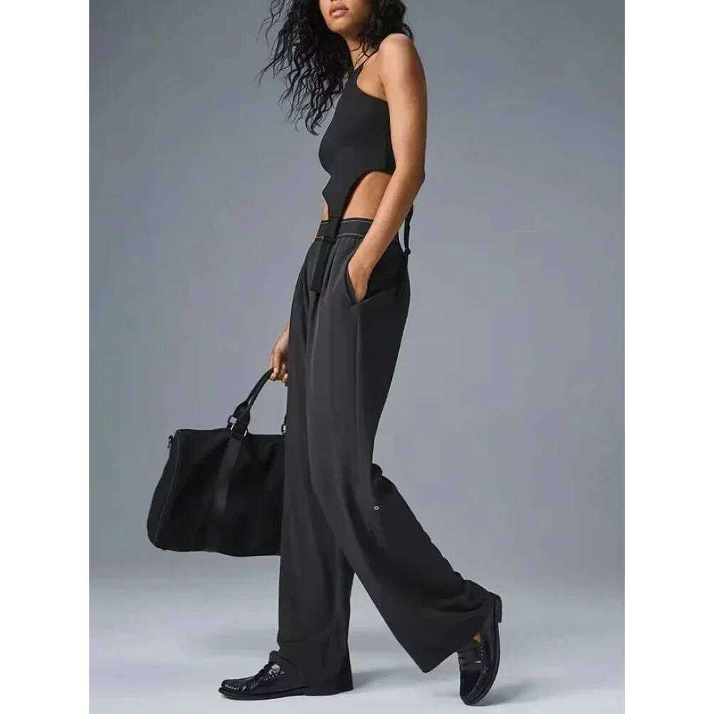 Women's Wide Leg Yoga Front Fold Loose Elastic Waist Sports Straight Pants Pocket Soft Black Casual Trousers Women Summer