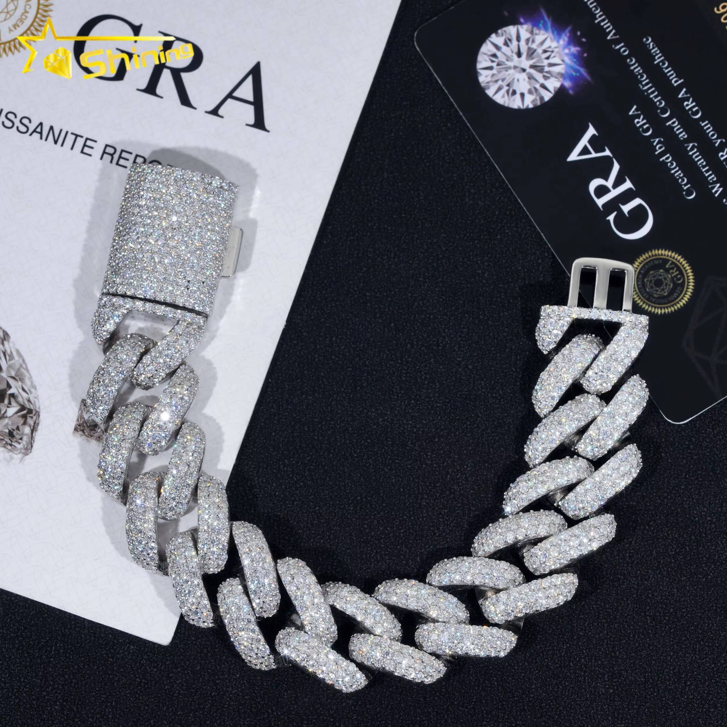 High Quality Mens Iced Out Jewelry Three Rows 20mm Silver 925 Moissanite Hip Hop Cuban Link Bracelets