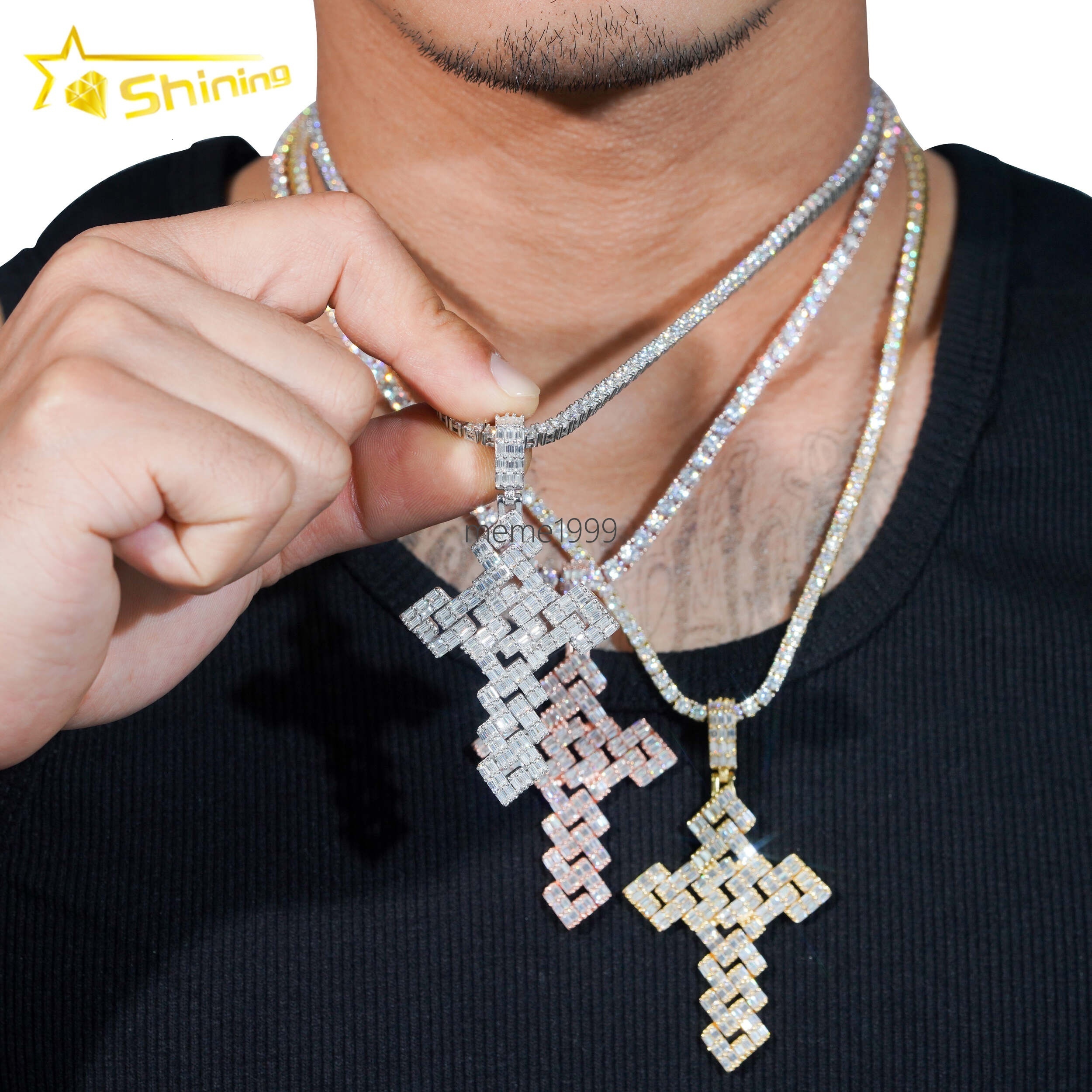 GRA Hip Hop Jewelry 925 Sterling Silver Gold Plated Iced Out VVS Baguette Custom Moissanite Pendant Cross