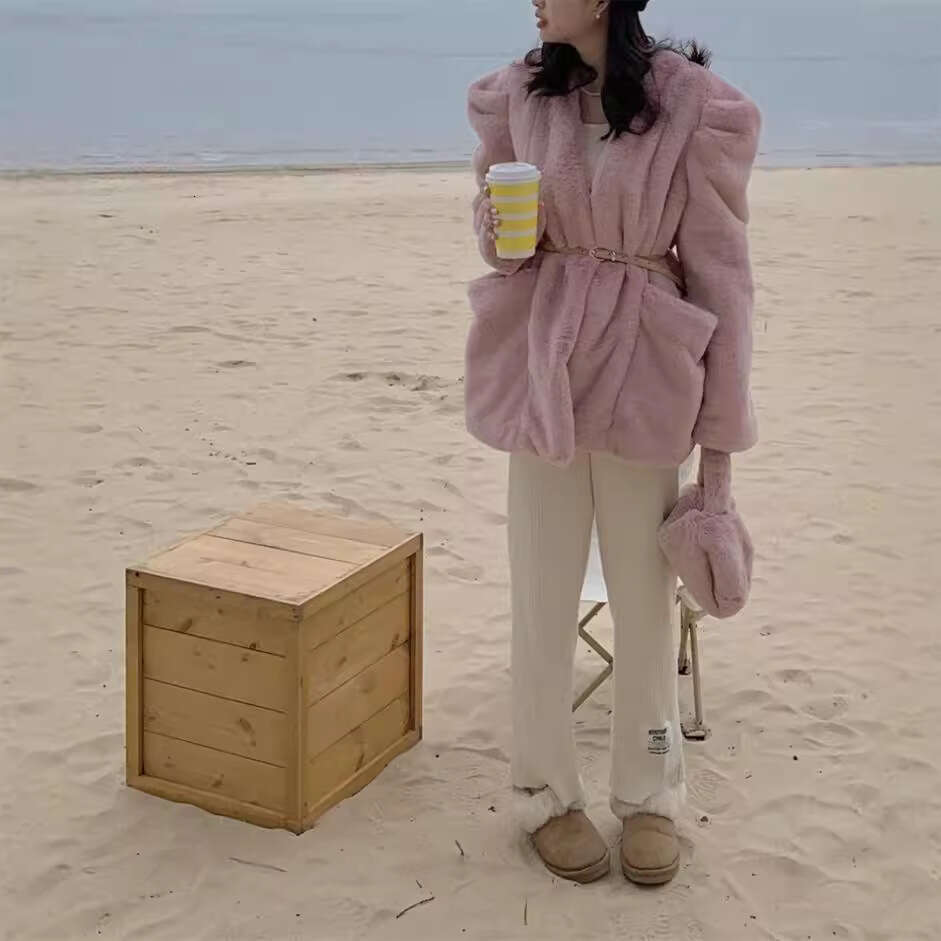 French retro round neck cinched waist tie imitation rabbit fur coat for women