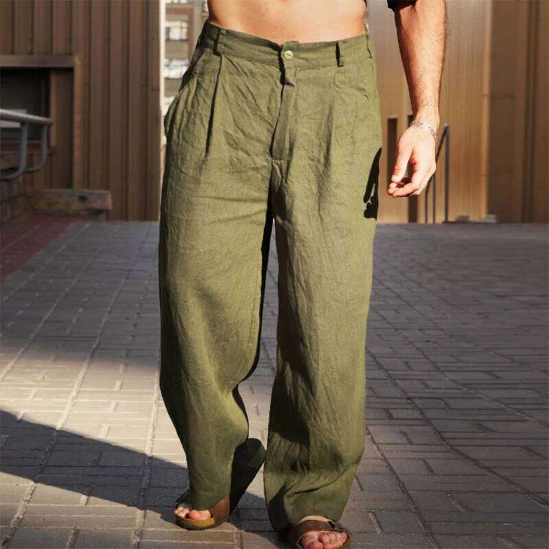 2024 Fall Leisure Straight Mens Casual Loose Solid Color Cotton Pants Men Vintage Mid Waist Linen Trousers