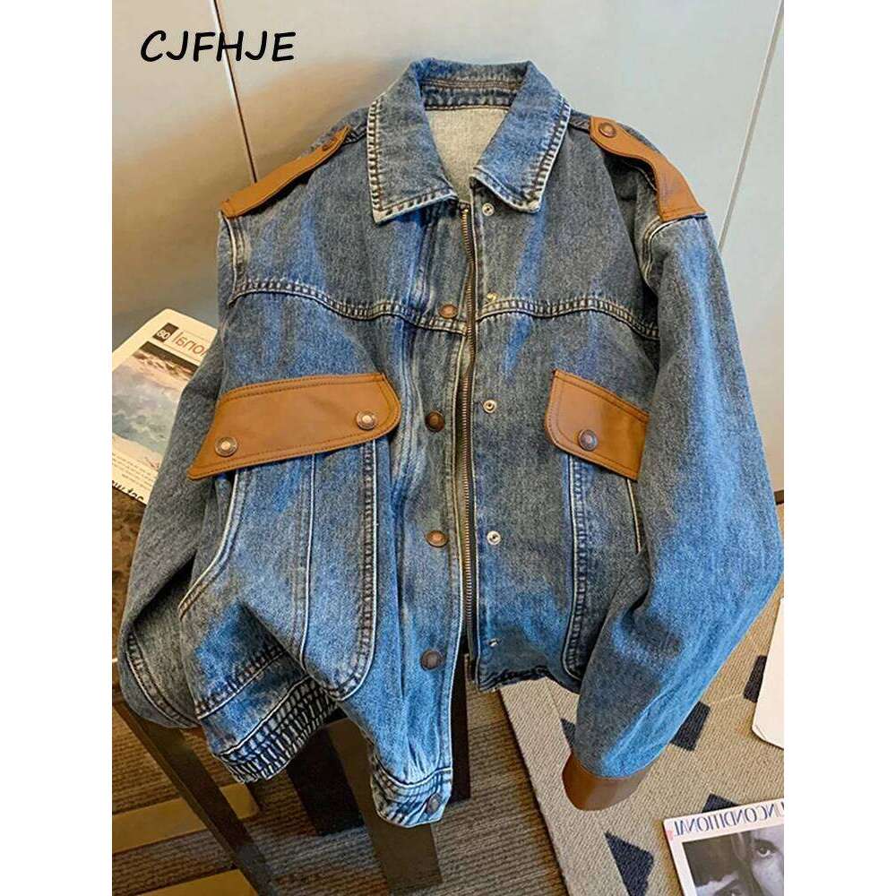 CJFHJE Blue Vintage Patchwork Jacket Women Chicly Fashion Korean Loose Female Jackets Haruku Zipper Casual Denim Coats