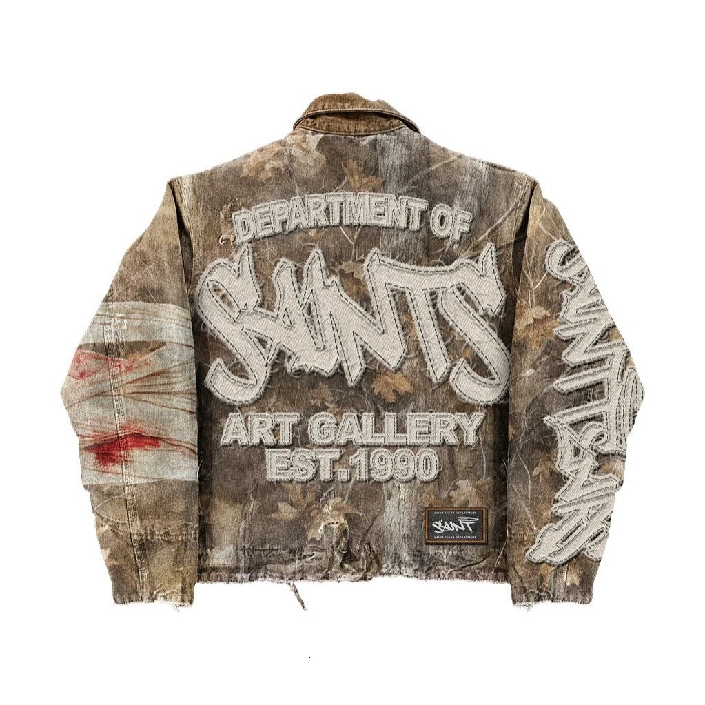 Streetwear Retro Vintage Camouflage Leaf Jacket Y2K Clothes Mens Hip Hop Letter Patch Embroidery Oversized Jacket Casual Coats 250820