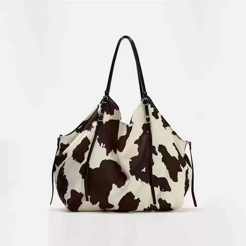 Leopard Print Cow Pattern Silk Satin Shoulder Bag,Versatile Stylish Lazy Tote Bag,Niche Designer Large Capacity Shopping Bag