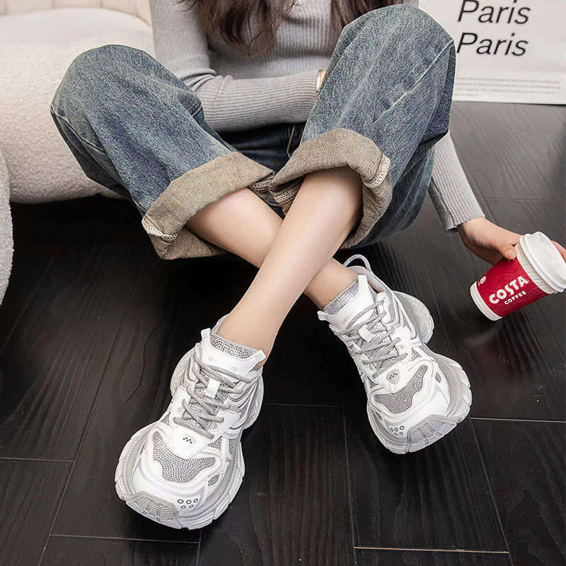 2025 Spring Summer New Women's Thick Sole Dad with Sparkling Rhinestones Korean Style Sports Platform Lace-up Casual Shoes Trendy
