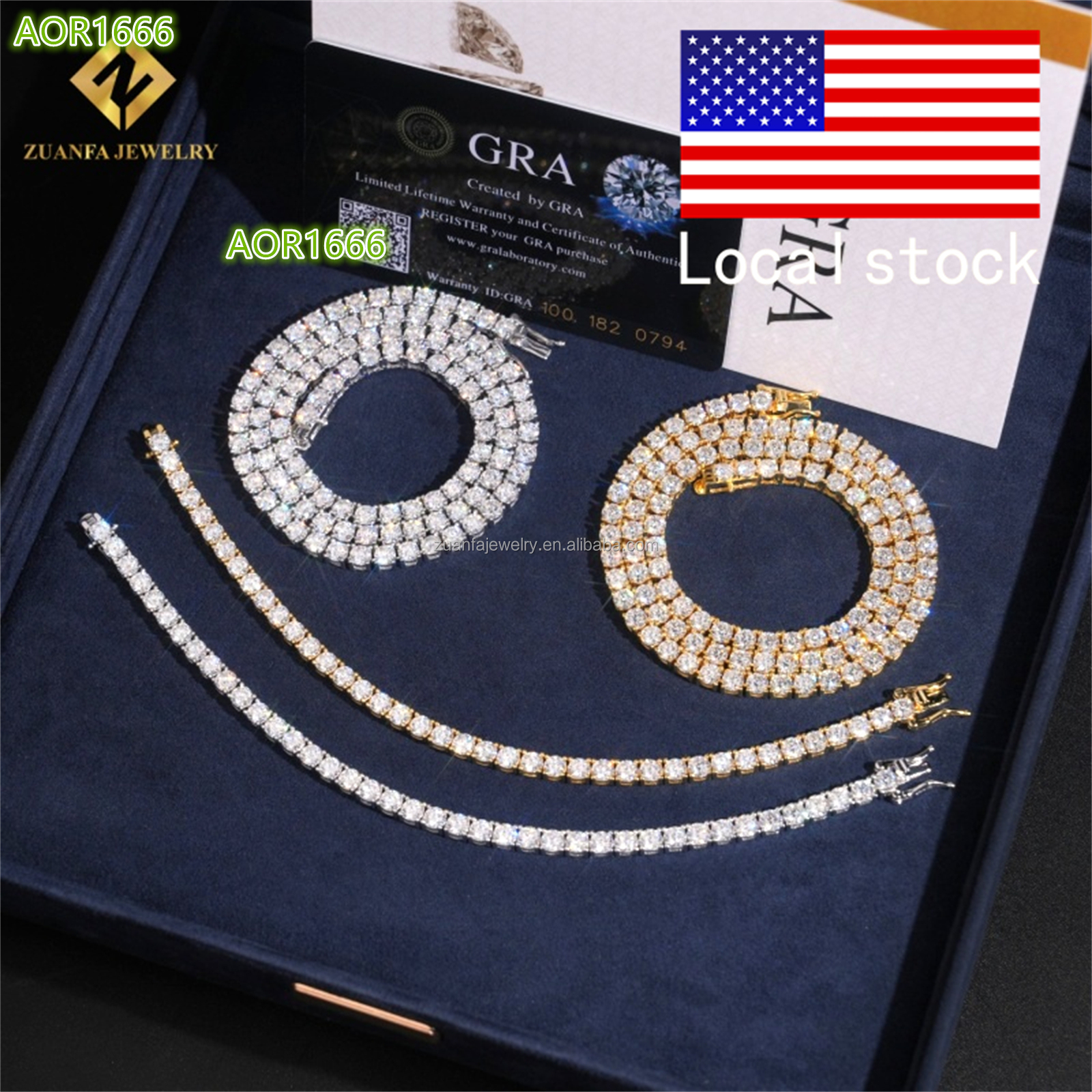 Ship From USA Hot Selling Iced Out Hip Hop Silver S925 4mm VVS1 Moissanite Diamond GRA Certificate Tennis Chain Bracelet Set