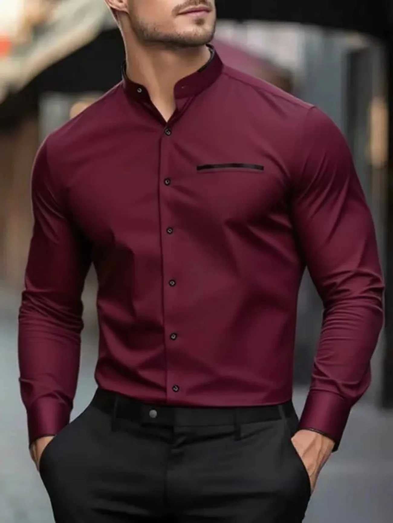 New mens long-sleeved shirt - solid color shirt - fashionable high-quality mens top - blue white pink green red - business Y250819